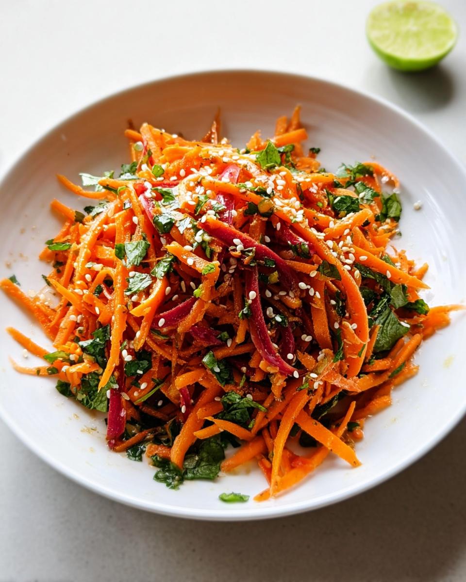 Nahaufnahme des Karotten-Ingwer-Detox-Salats mit geraspelten Karotten, roten Zwiebeln und Sesam.