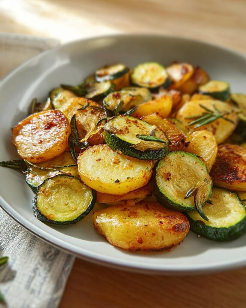 Nahaufnahme der Kartoffel-Zucchini-Pfanne mit goldbraun gebratenen Kartoffelscheiben und Zucchinischeiben.