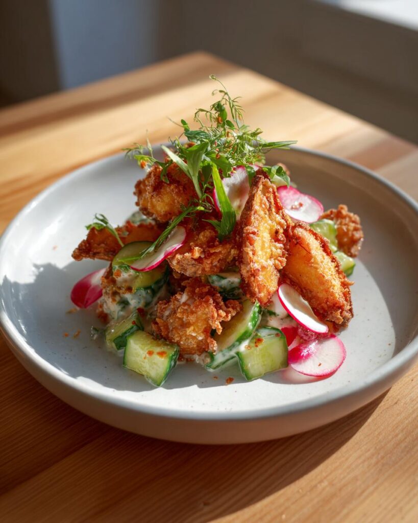 Ein Teller Kartoffelsalat mit extra knusprigen Kartoffelspalten, Gurken und Radieschen.