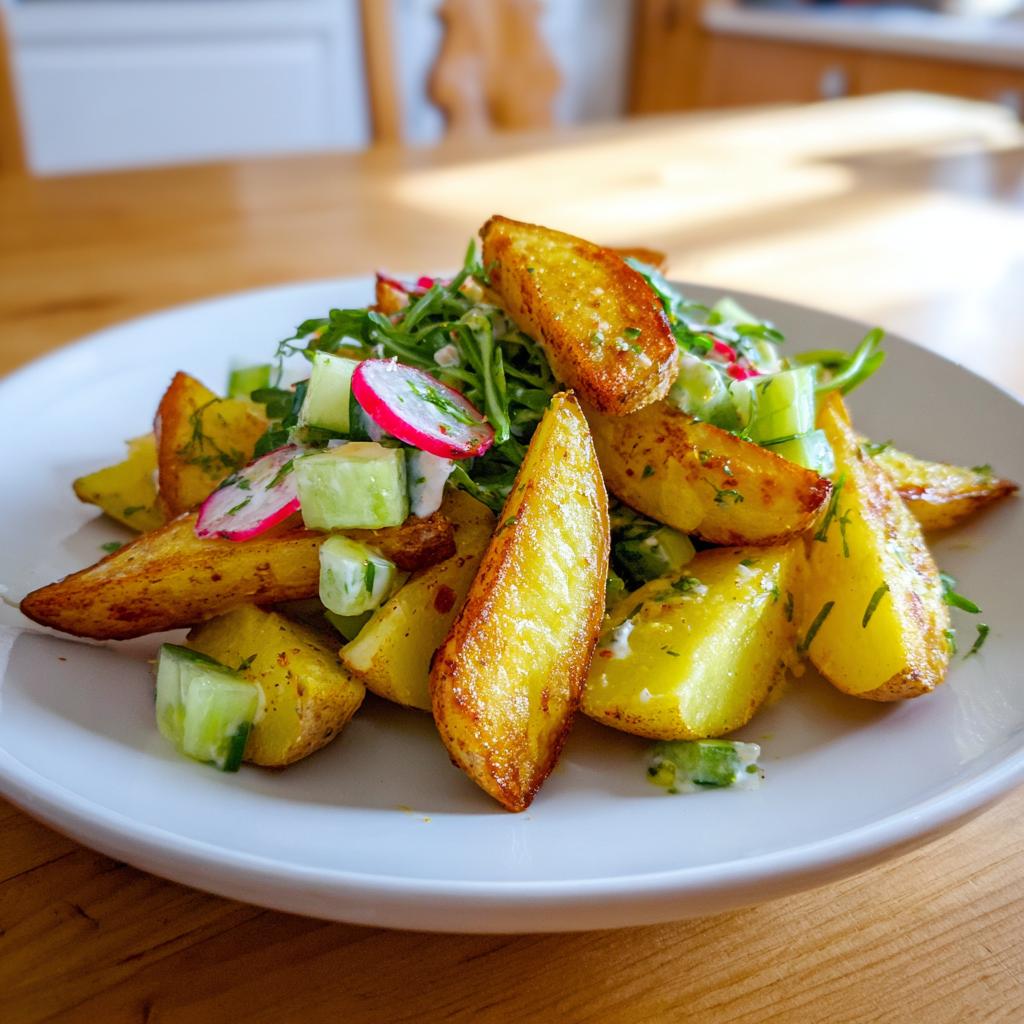 Teller mit Kartoffelsalat mit extra knusprigen Kartoffelspalten, Radieschen und Gurkenwürfeln.