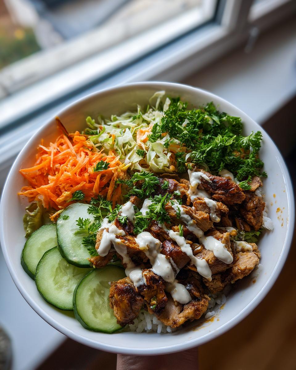 Nahaufnahme einer Kebab-Bowl mit hohem Eiweißgehalt, gefüllt mit gewürztem Fleisch, Reis, Karotten, Gurken und Joghurtsauce.