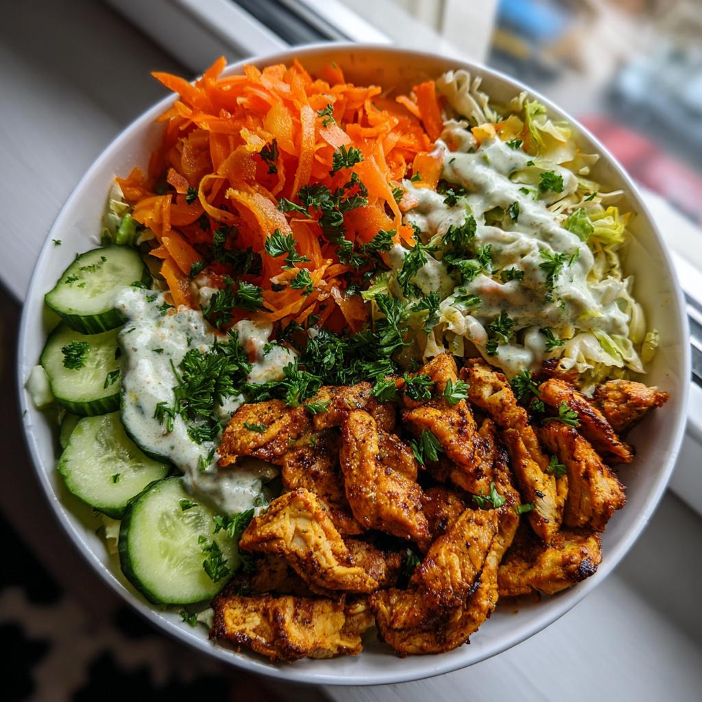 Eine bunte Schüssel mit Kebab-Bowl mit hohem Eiweißgehalt, bestehend aus gewürztem Hähnchen, geraspelten Karotten, Gurkenscheiben und Joghurtsauce.