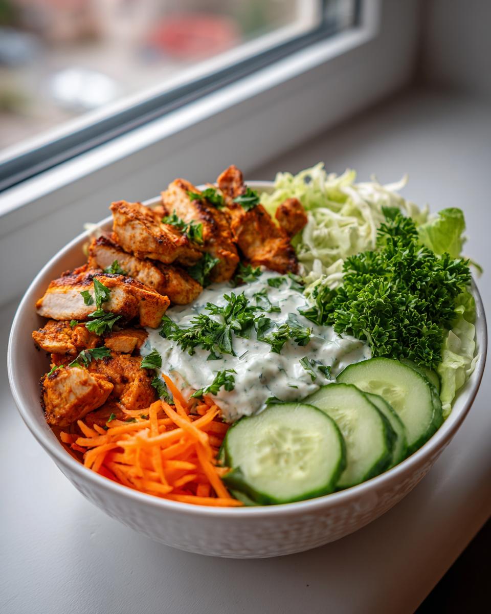 Nahaufnahme einer Kebab-Bowl mit hohem Eiweißgehalt, gefüllt mit gewürztem Hähnchen, Salat, Gurkenscheiben und Joghurt-Dressing.