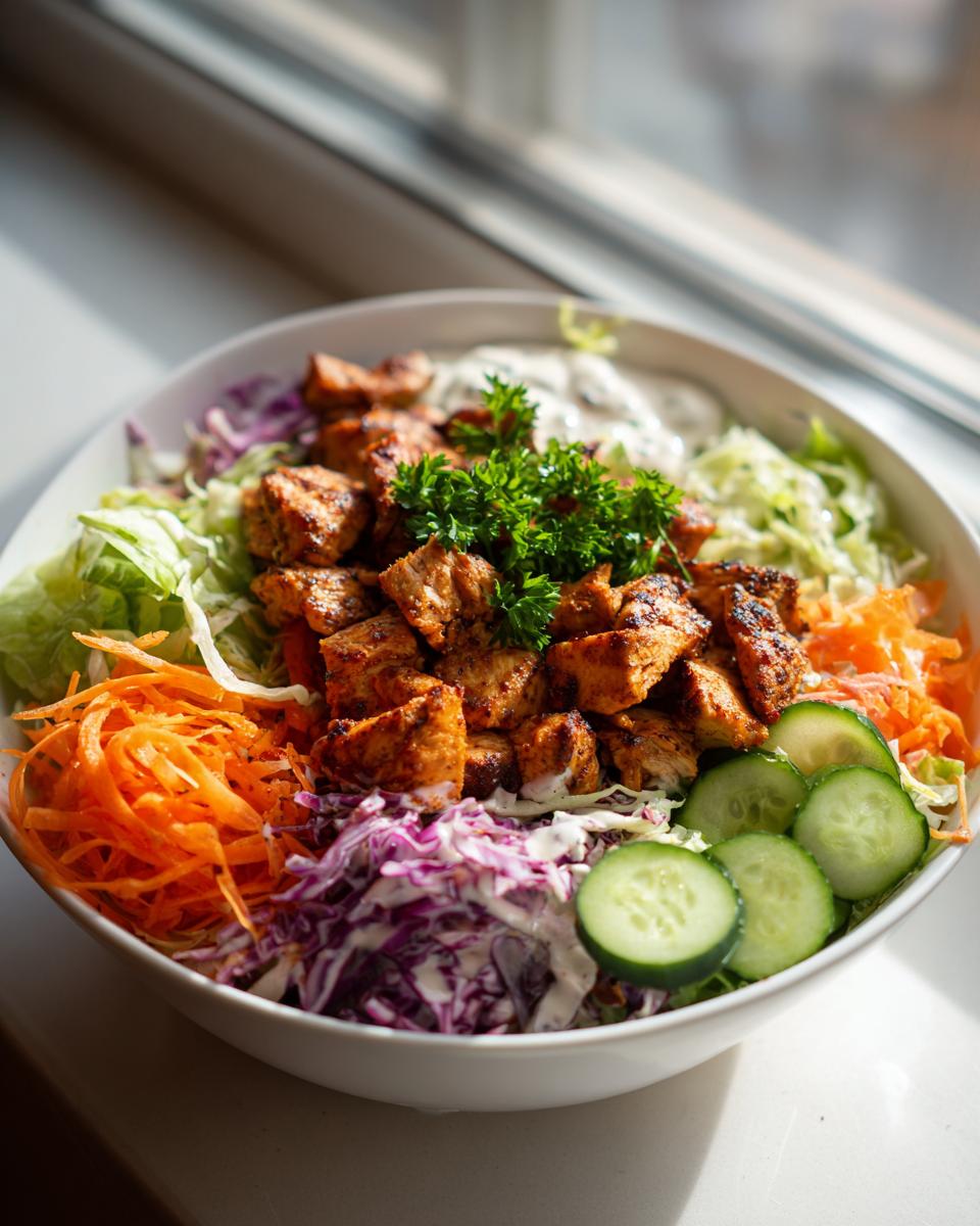 Nahaufnahme einer Kebab-Bowl mit hohem Eiweißgehalt, gefüllt mit gewürzten Hähnchenstücken, Krautsalat, geraspelten Karotten und Gurkenscheiben.