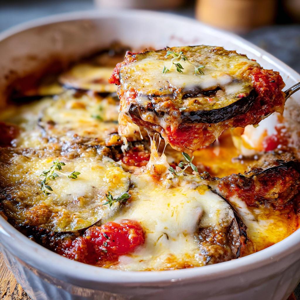 Ein Löffel hebt ein Stück des cremigen Keto Auberginenauflauf mit Tomate & Mozzarella aus der Auflaufform, wobei der geschmolzene Käse Fäden zieht.