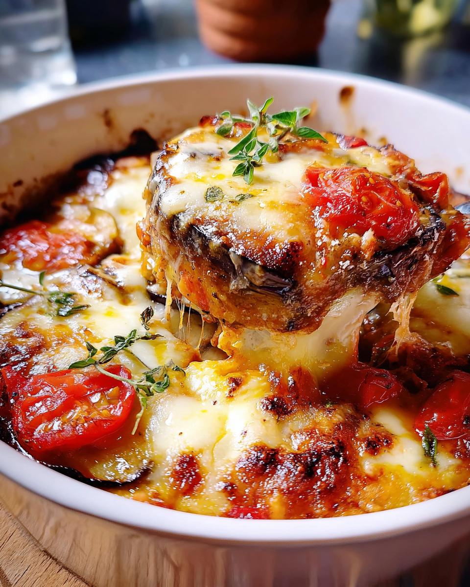 Aufnahme eines servierten Stücks Keto Auberginenauflauf mit Tomate und Mozzarella, das Fäden zieht.