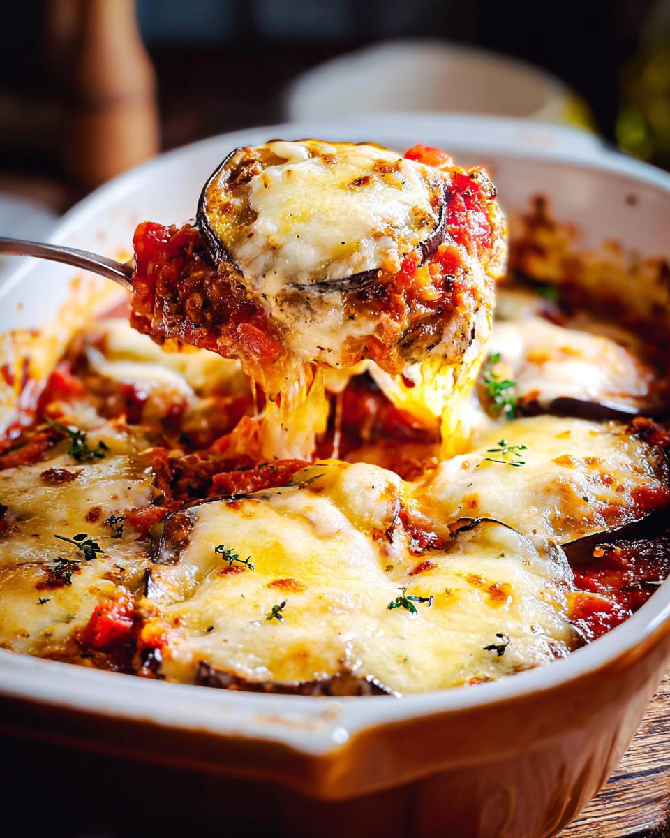 Eine Gabel hebt ein Stück cremigen Keto Auberginenauflauf mit Tomate & Mozzarella aus der Auflaufform.