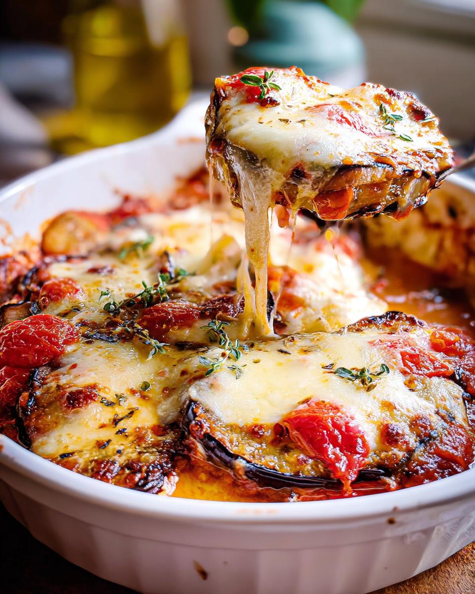 Eine Portion Keto Auberginenauflauf mit Tomate und Mozzarella wird aus der Auflaufform gehoben, mit langgezogenem Käse.