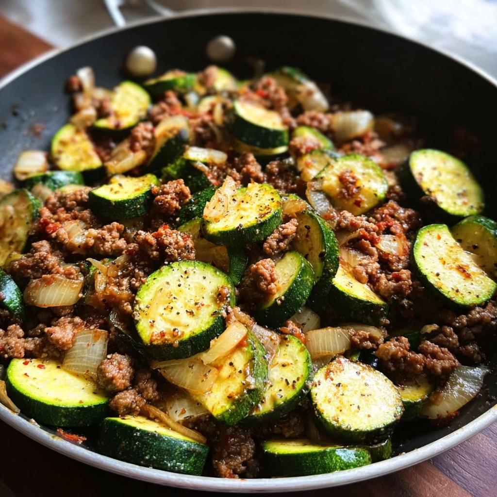 Nahaufnahme einer Zucchini-Hackfleisch-Pfanne mit gebratenen Zucchini-Scheiben, Hackfleisch und Zwiebeln.
