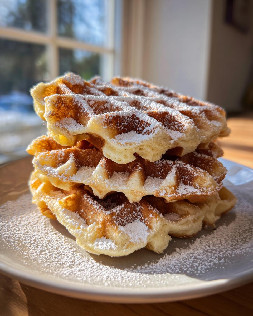 Ein Stapel goldbrauner Klassische Eierwaffeln, bestäubt mit Puderzucker, im Sonnenlicht.