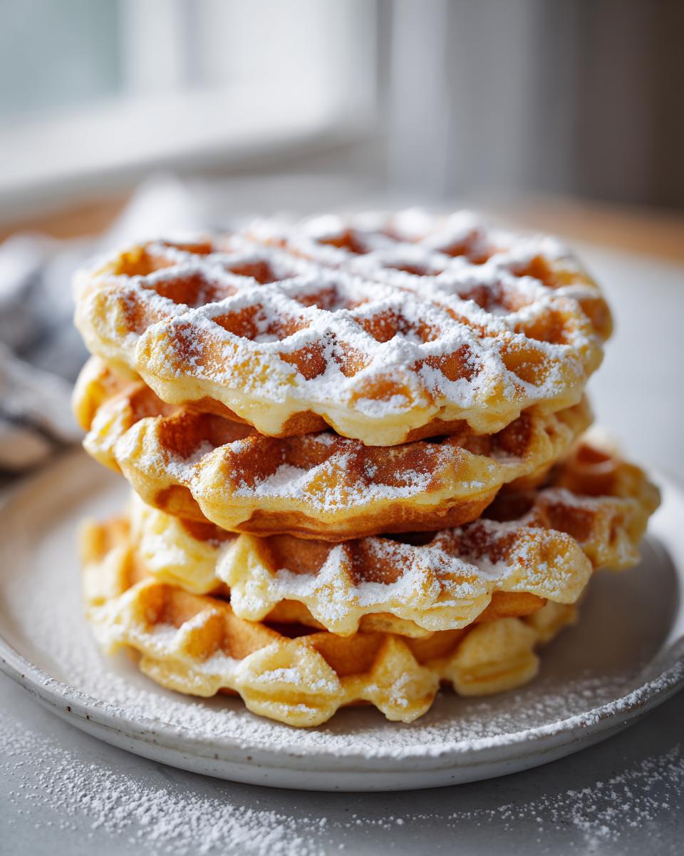 Ein Stapel goldbrauner Klassische Eierwaffeln, großzügig bestäubt mit Puderzucker auf einem Teller.