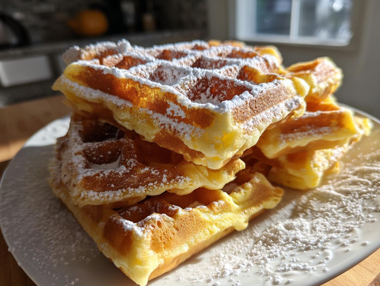 Stapel goldbrauner Klassische Eierwaffeln, bestäubt mit feinem Puderzucker auf einem weißen Teller.