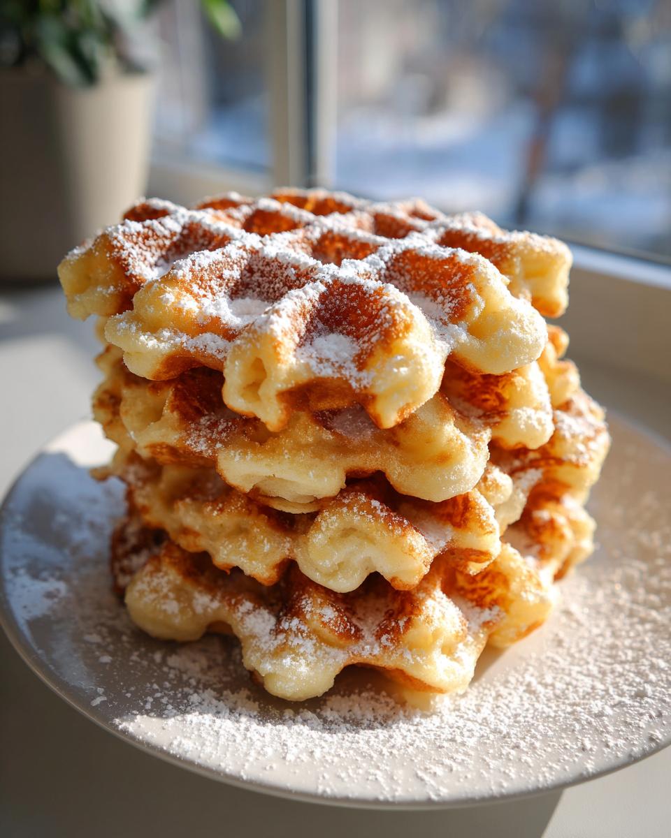 Stapel goldbrauner Klassische Eierwaffeln, bestäubt mit Puderzucker, auf einem Teller.