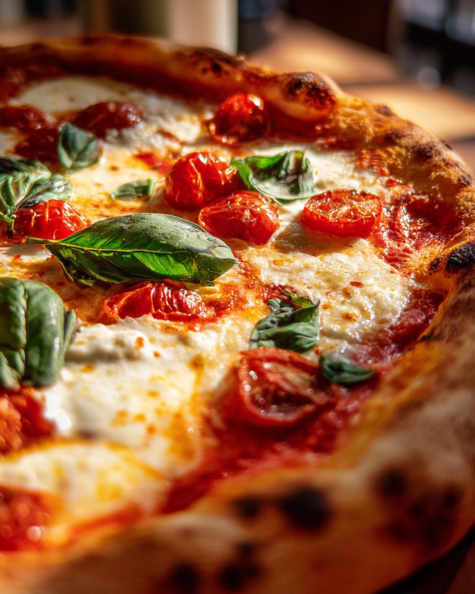 Nahaufnahme einer frisch gebackenen Klassische italienische Margherita Pizza mit geschmolzenem Mozzarella, Kirschtomaten und Basilikum.