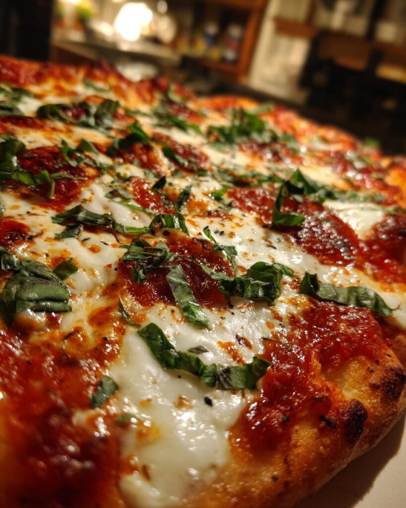 Nahaufnahme einer frisch gebackenen Klassische italienische Margherita Pizza mit geschmolzenem Mozzarella, roter Tomatensauce und frischem Basilikum.