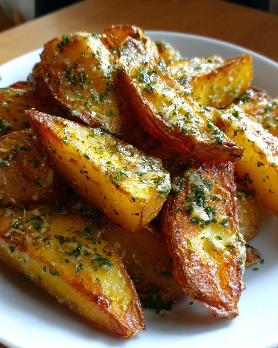 Nahaufnahme von knusprigen Kartoffelecken, beträufelt mit Knoblauch-Dressing und Petersilie, ideal für Crunchy Kartoffelsalat mit Knoblauch-Dressing.