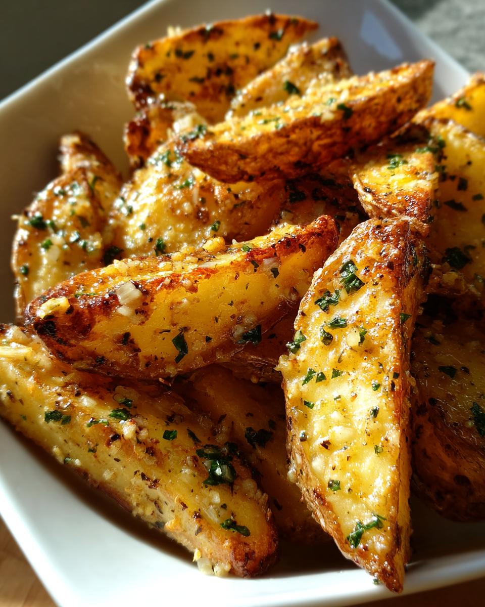 Nahaufnahme von knusprigen Kartoffelecken, glasiert mit einem Knoblauch-Dressing und Petersilie, perfekt für Crunchy Kartoffelsalat mit Knoblauch-Dressing.