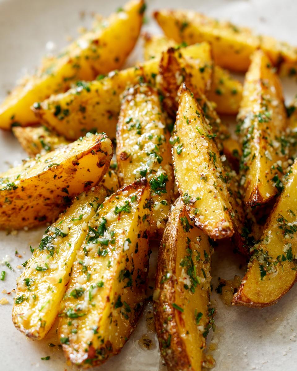 Nahaufnahme von knusprigen Kartoffelecken, garniert mit gehackter Petersilie und Knoblauch-Dressing für Crunchy Kartoffelsalat mit Knoblauch-Dressing.