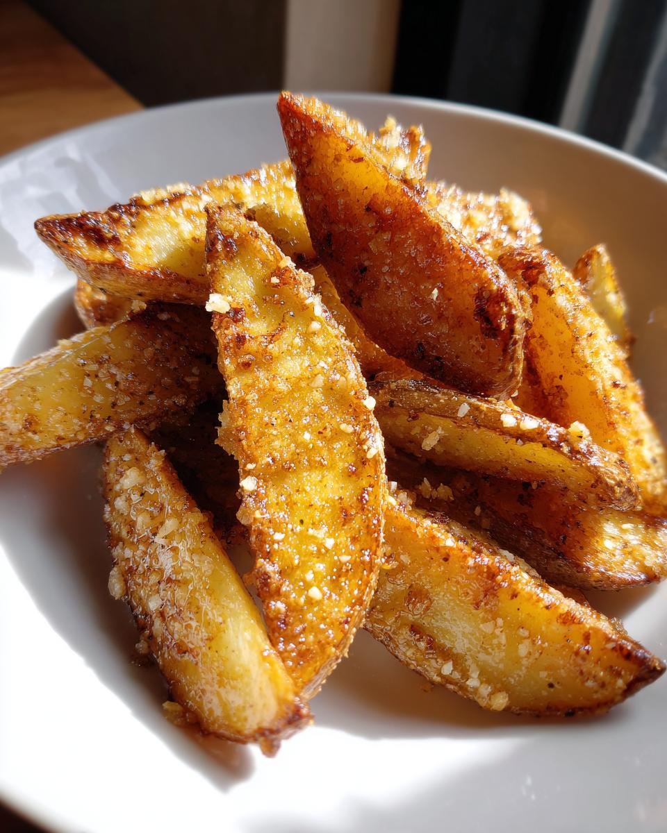 Nahaufnahme von knusprigen, goldbraunen Kartoffelspalten, bestreut mit Gewürzen, die als Beilage zum Crunchy Kartoffelsalat mit Knoblauch-Dressing dienen.