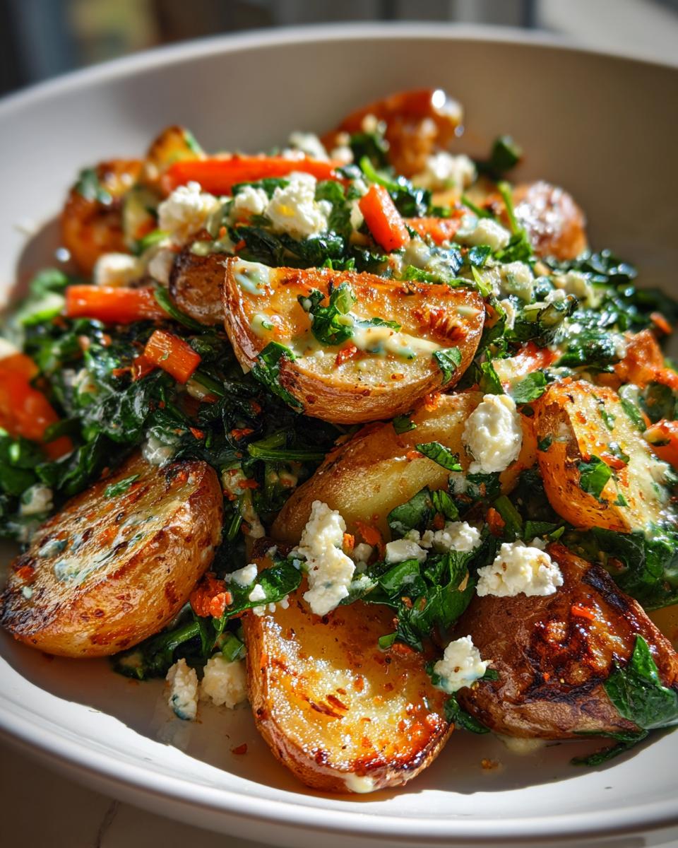 Nahaufnahme von Knuspriger Ofen-Kartoffelsalat mit gerösteten Kartoffelhälften, Spinat, Karottenstücken und Feta-Käse.