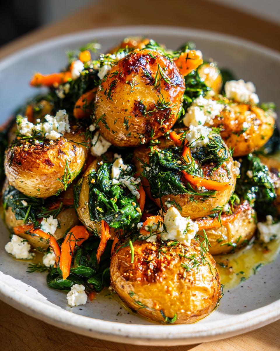 Nahaufnahme von Knuspriger Ofen-Kartoffelsalat mit gerösteten Kartoffeln, Spinat, Karottenstreifen und Feta.