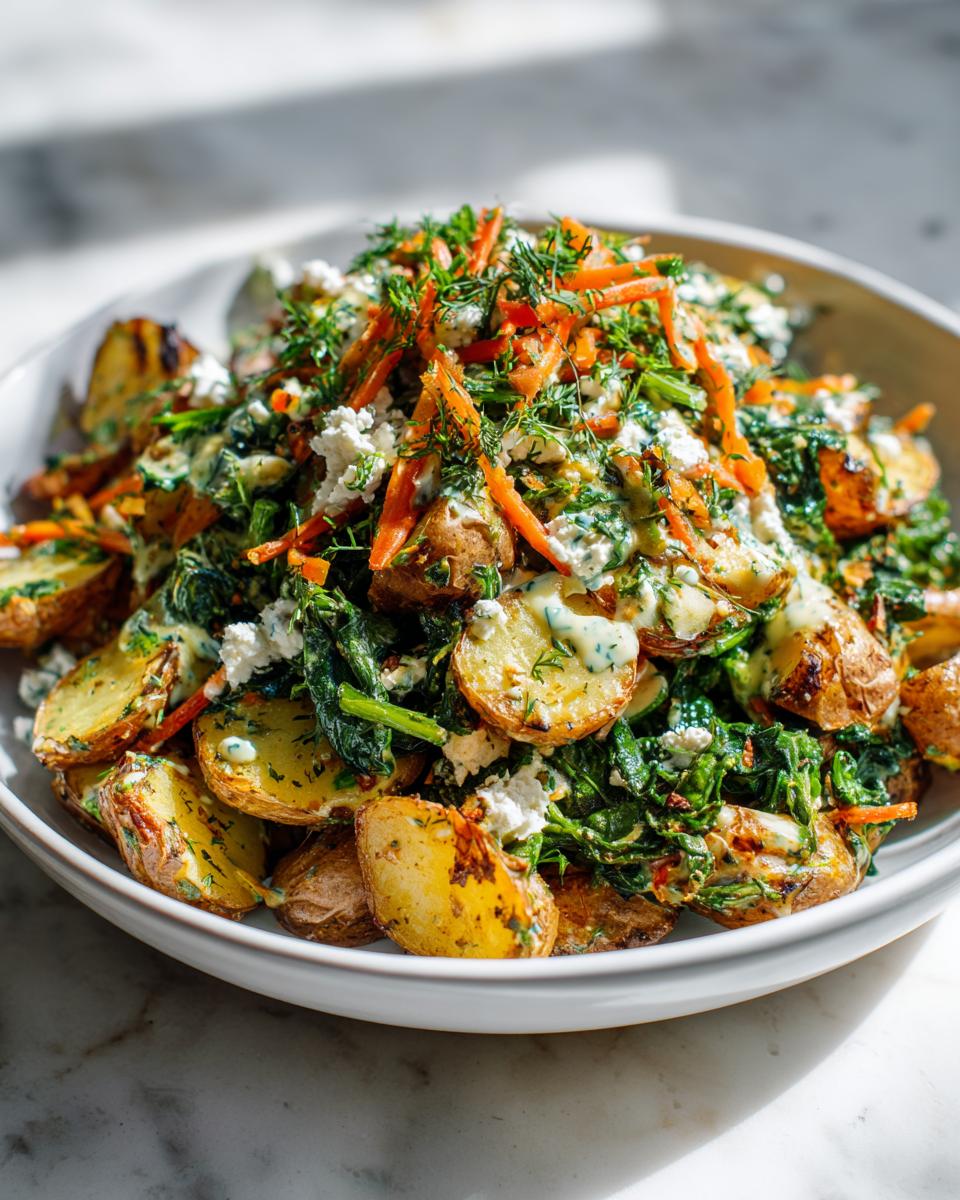 Knuspriger Ofen-Kartoffelsalat mit gerösteten Kartoffeln, Spinat, Karottenstreifen und Senf-Vinaigrette.