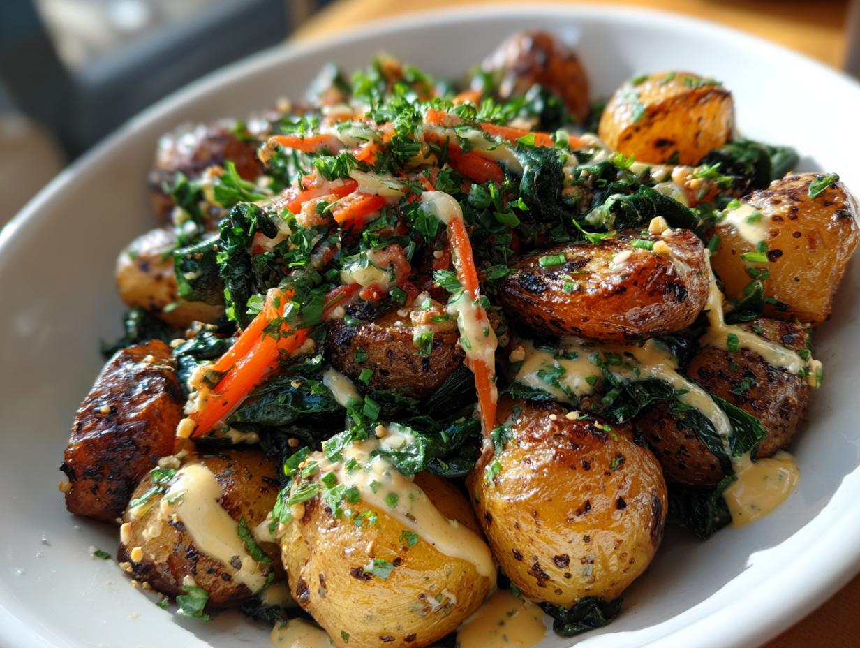 Nahaufnahme von Knuspriger Ofen-Kartoffelsalat mit gerösteten Kartoffeln, Gemüse und Senf-Vinaigrette.