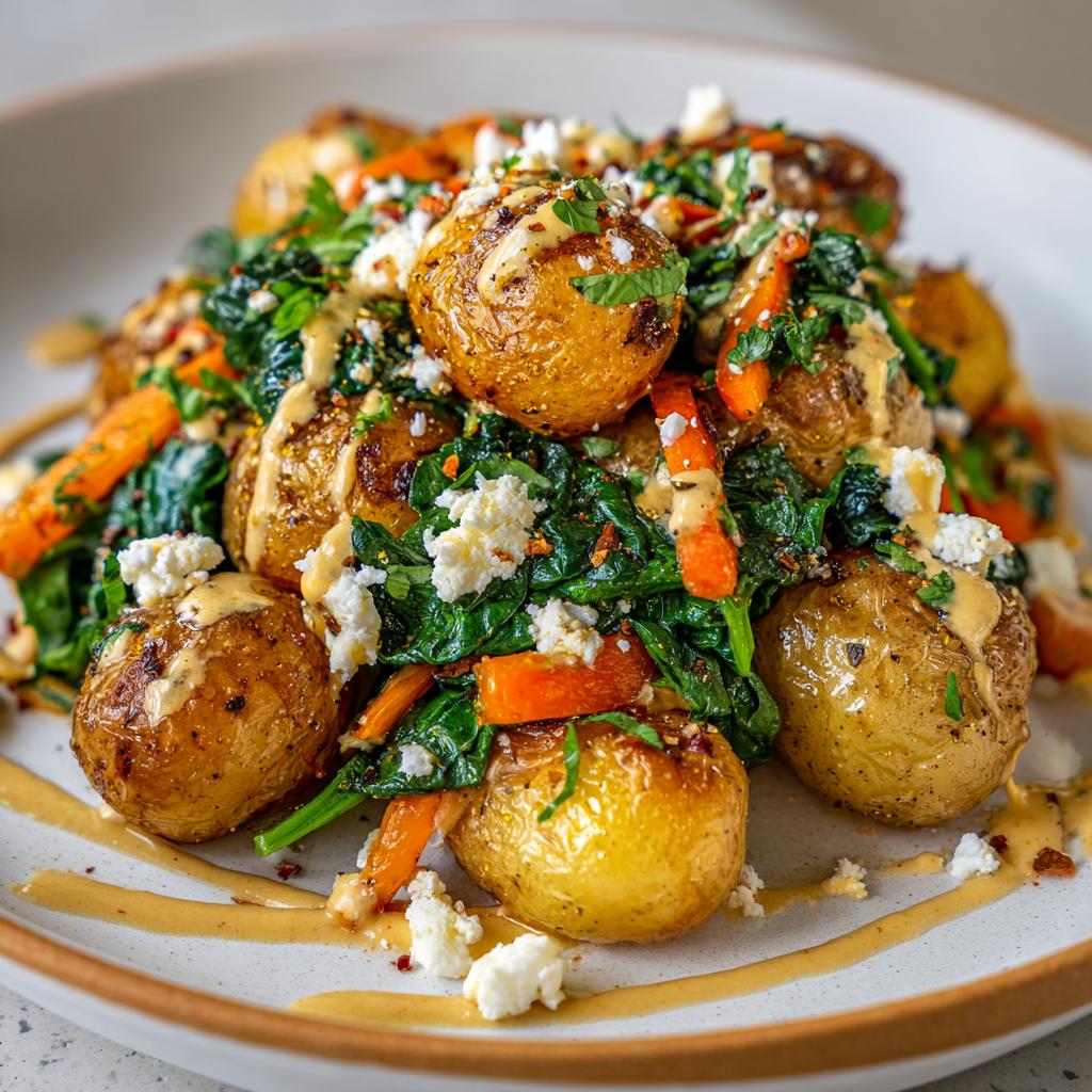 Knuspriger Ofen-Kartoffelsalat mit gerösteten Kartoffeln, Spinat, Karottenstücken und Feta, beträufelt mit Senf-Vinaigrette.