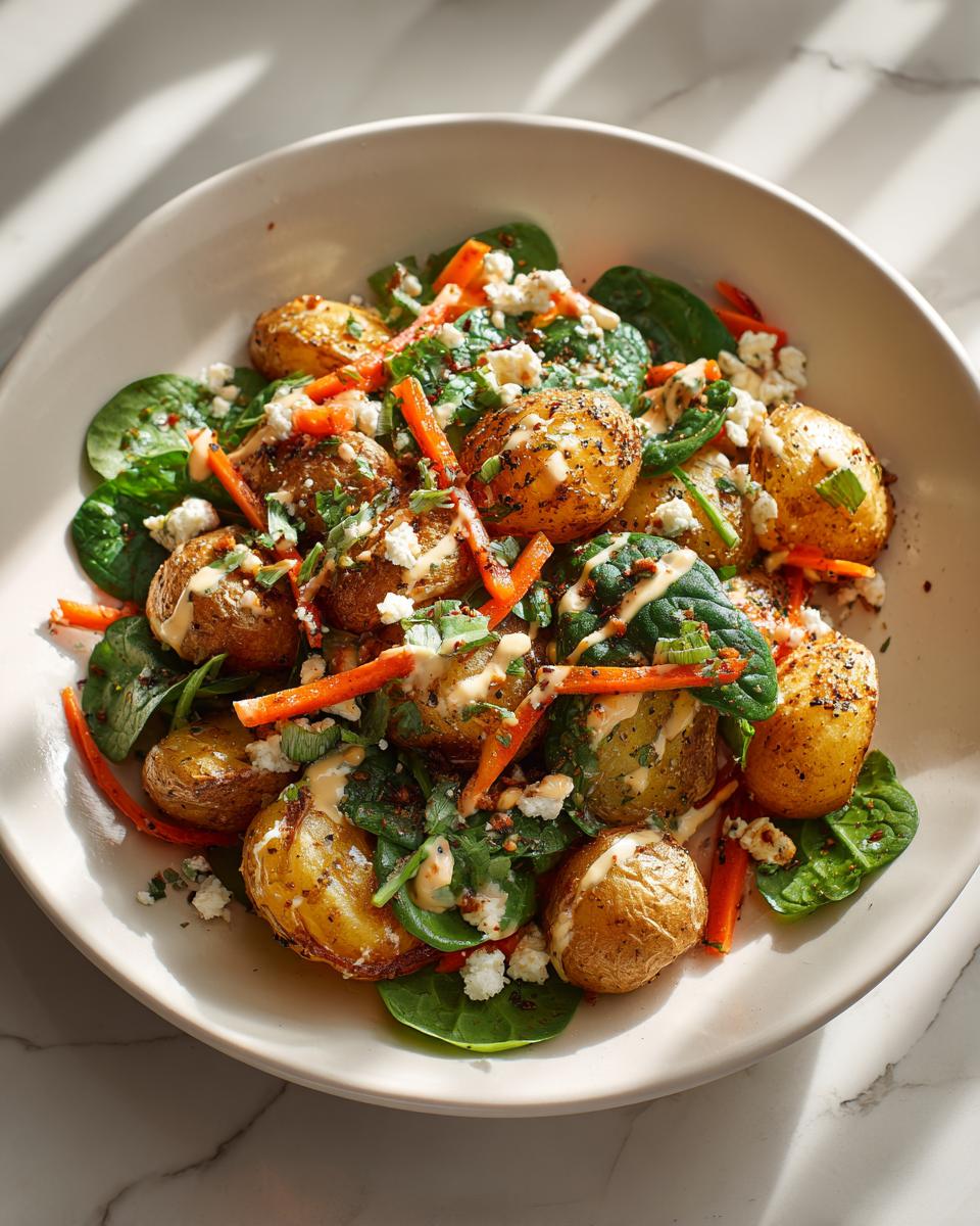 Knuspriger Ofen-Kartoffelsalat mit gerösteten Kartoffeln, Spinat, Karottenstreifen und Senf-Vinaigrette.