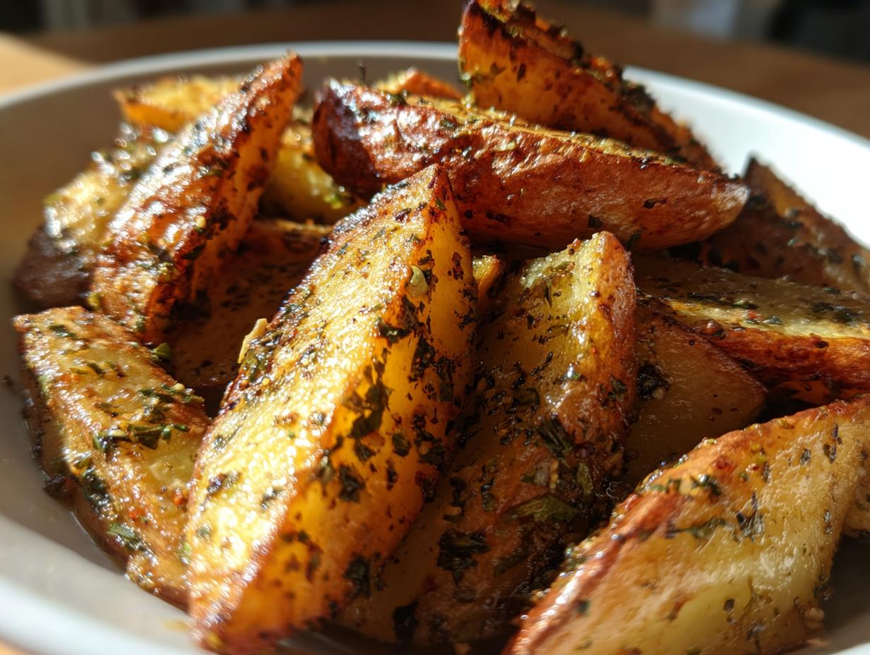 Nahaufnahme von krossen, goldbraunen Kartoffelspalten, gewürzt für Crunchy Kartoffelsalat mit Knoblauch-Dressing.
