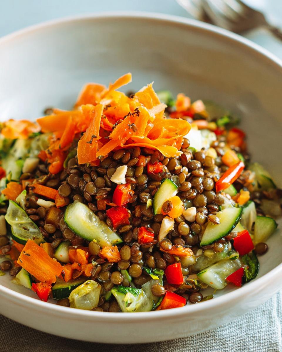Nahaufnahme eines Linsen-Gemüse-Salat mit braunen Linsen, Gurkenscheiben, roten Paprikawürfeln und Karottenraspeln.