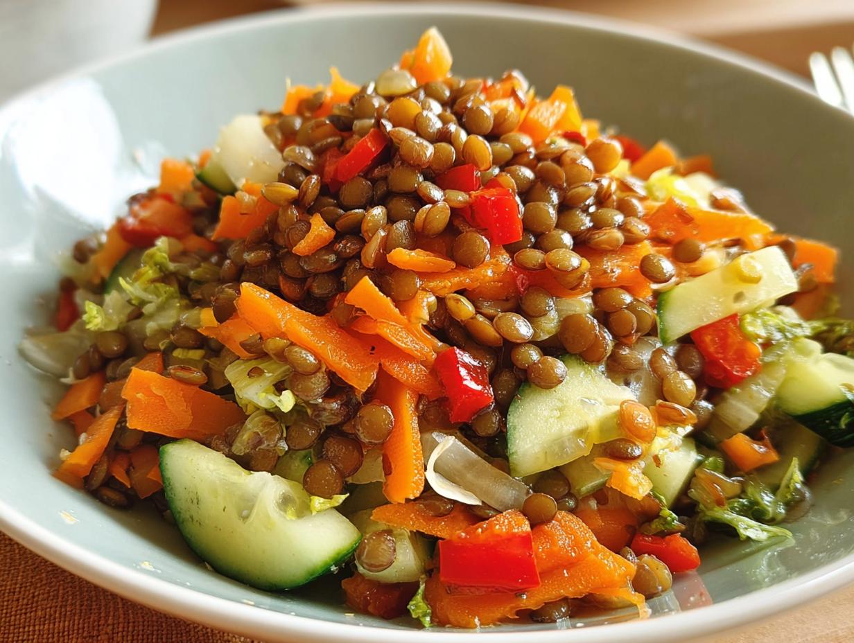 Nahaufnahme eines bunten Linsen-Gemüse-Salat mit Karotten, Gurken und Paprika in einer hellblauen Schüssel.
