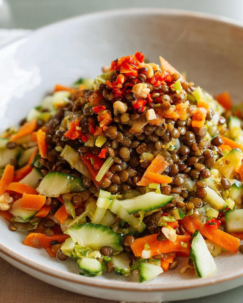 Nahaufnahme eines appetitlichen Linsen-Gemüse-Salat mit braunen Linsen, Karottenstücken und Gurkenscheiben.