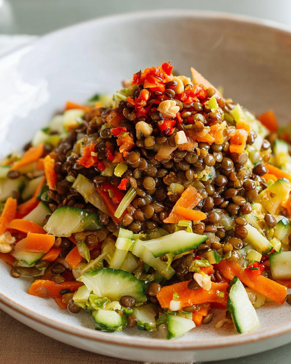 Nahaufnahme eines appetitlichen Linsen-Gemüse-Salat mit braunen Linsen, Karottenstücken und Gurkenscheiben.