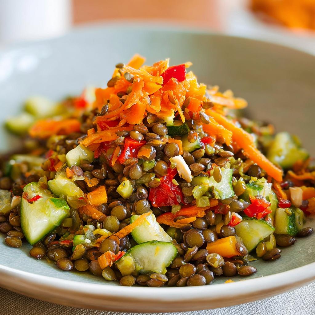 Nahaufnahme eines Linsen-Gemüse-Salat mit viel Gemüse, Gurkenstücken und geraspelten Karotten.