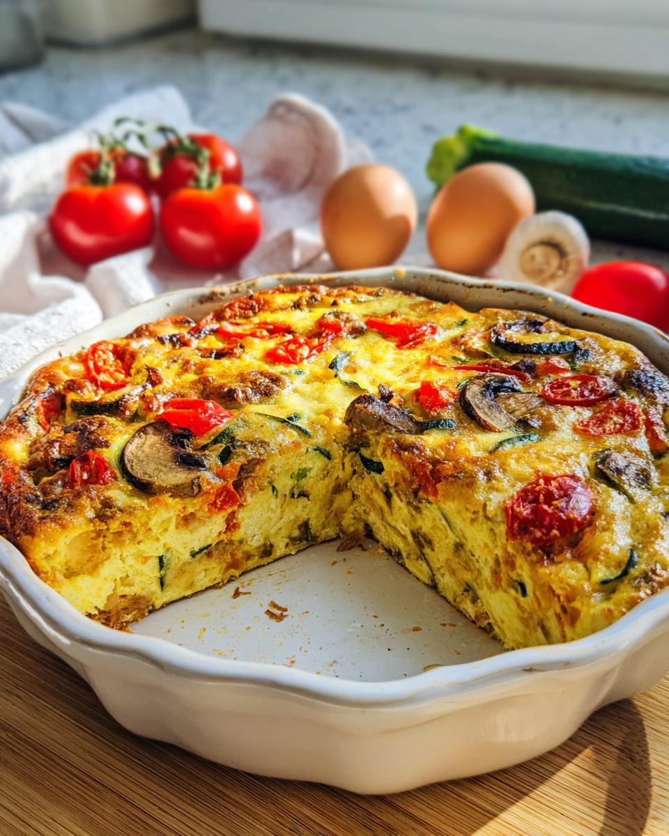 Anschnitt eines Low Carb Gemüsekuchen High Protein mit Gemüse und Käse in einer weißen Form.