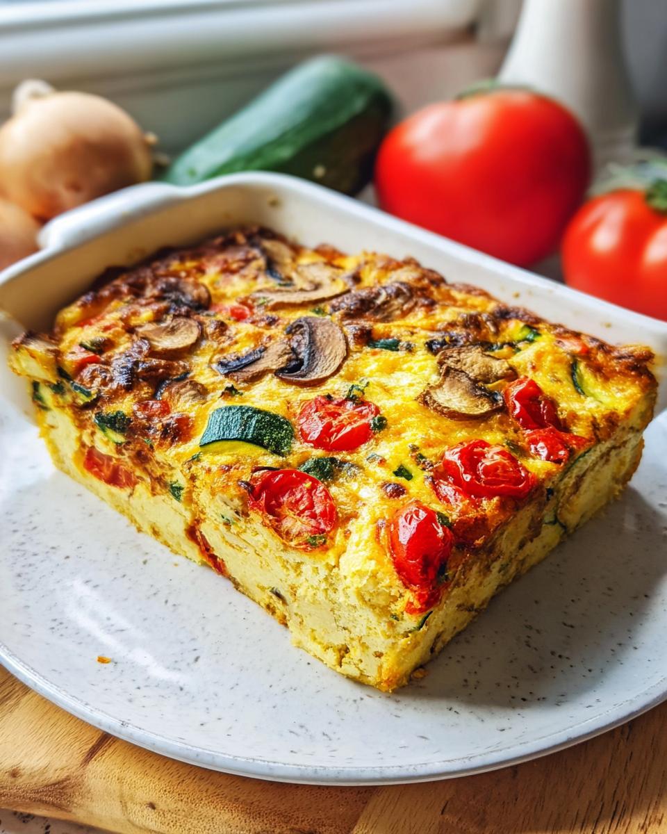 Ein Stück Low Carb Gemüsekuchen High Protein mit Pilzen und Kirschtomaten, serviert auf einem Teller.