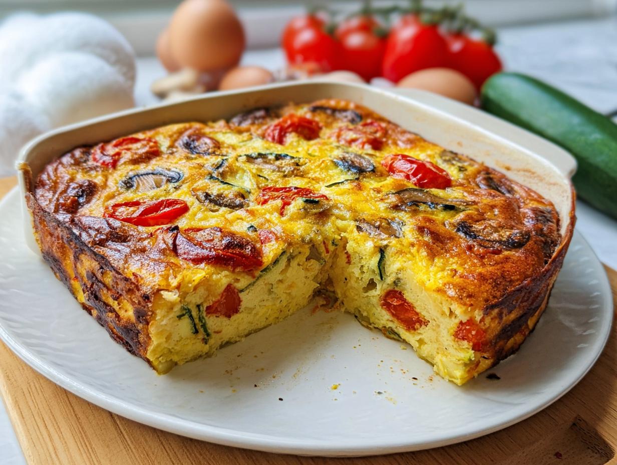 Goldbraun gebackener Low Carb Gemüsekuchen High Protein mit Tomaten und Pilzen in einer Auflaufform.
