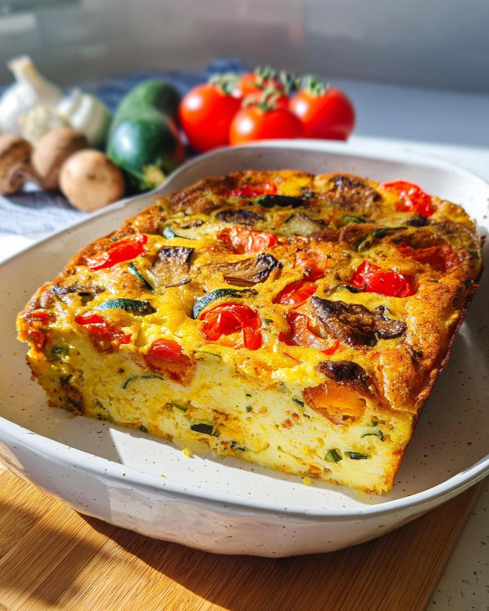 Ein dickes Stück Low Carb Gemüsekuchen High Protein mit sichtbaren Tomaten, Zucchini und Pilzen auf einem Teller.