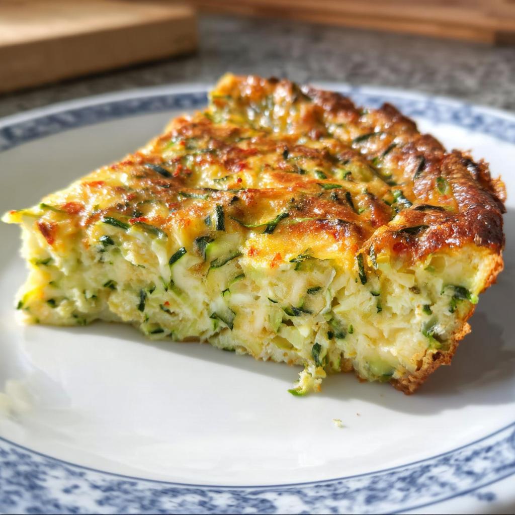Ein saftiges Stück Low Carb Quiche ohne Boden mit sichtbaren Zucchini-Stückchen auf einem weißen Teller.