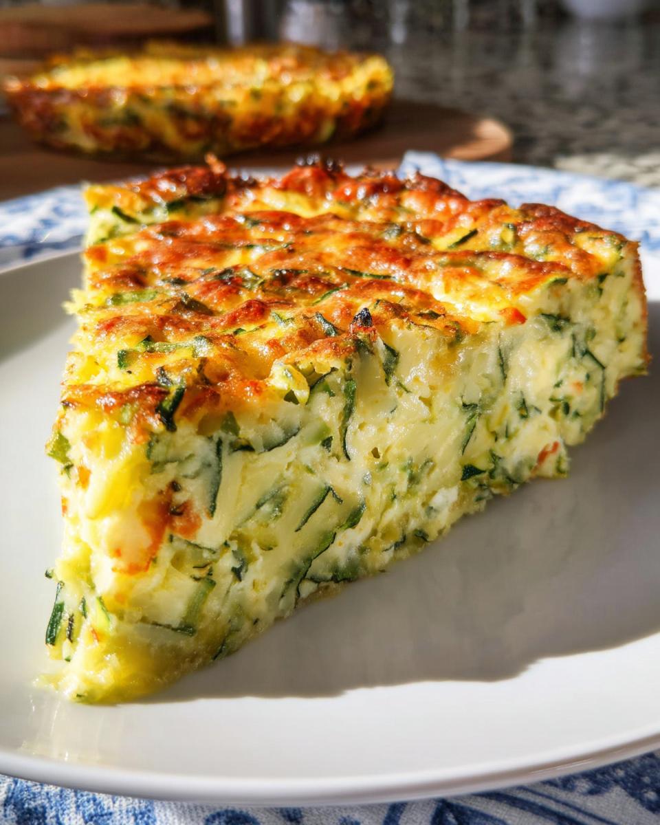 Ein großes Stück Low Carb Quiche ohne Boden mit sichtbaren Zucchini-Streifen auf einem weißen Teller.