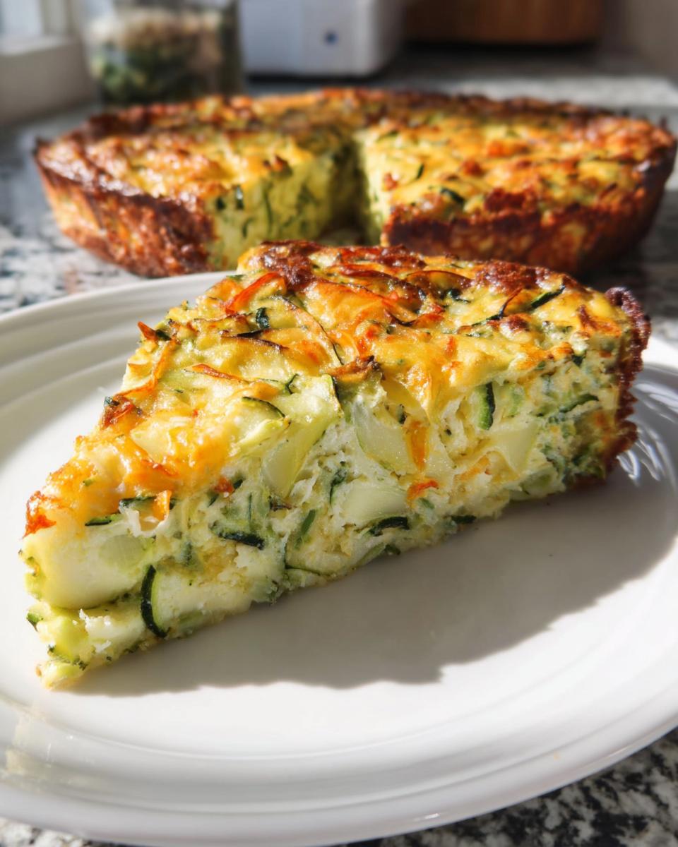 Ein Stück Low Carb Quiche ohne Boden mit viel Zucchini und goldbraunem Käse auf einem weißen Teller.
