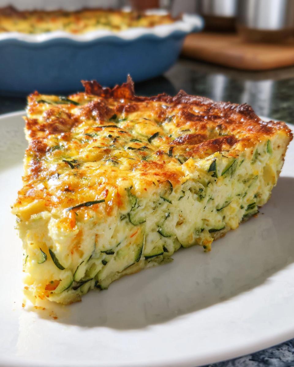 Nahaufnahme eines cremigen Stücks Low Carb Quiche ohne Boden mit sichtbaren Zucchinischeiben und goldbrauner Kruste.
