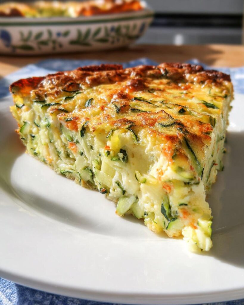 Ein großes Stück Low Carb Quiche ohne Boden mit sichtbaren Zucchini- und Karottenstücken auf einem weißen Teller.
