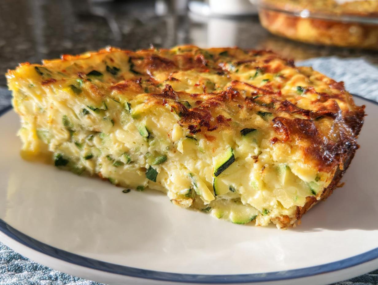 Nahaufnahme eines Stücks Low Carb Quiche ohne Boden mit sichtbaren Zucchinistücken und goldbrauner Kruste.