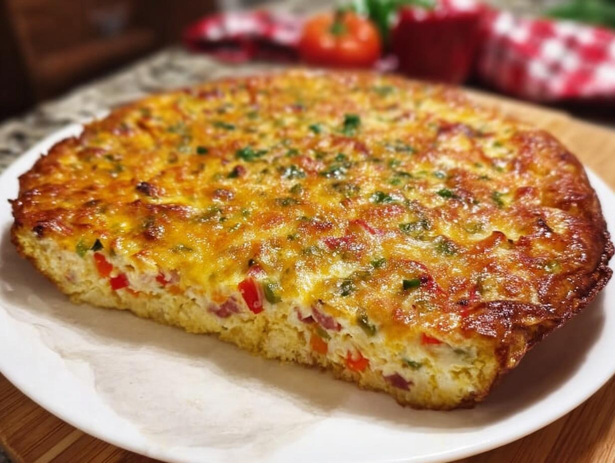 Anschnitt einer fertigen Low Carb Schüttelpizza ohne Kohlenhydrate mit goldbrauner Käsekruste und bunten Gemüseeinlagen.