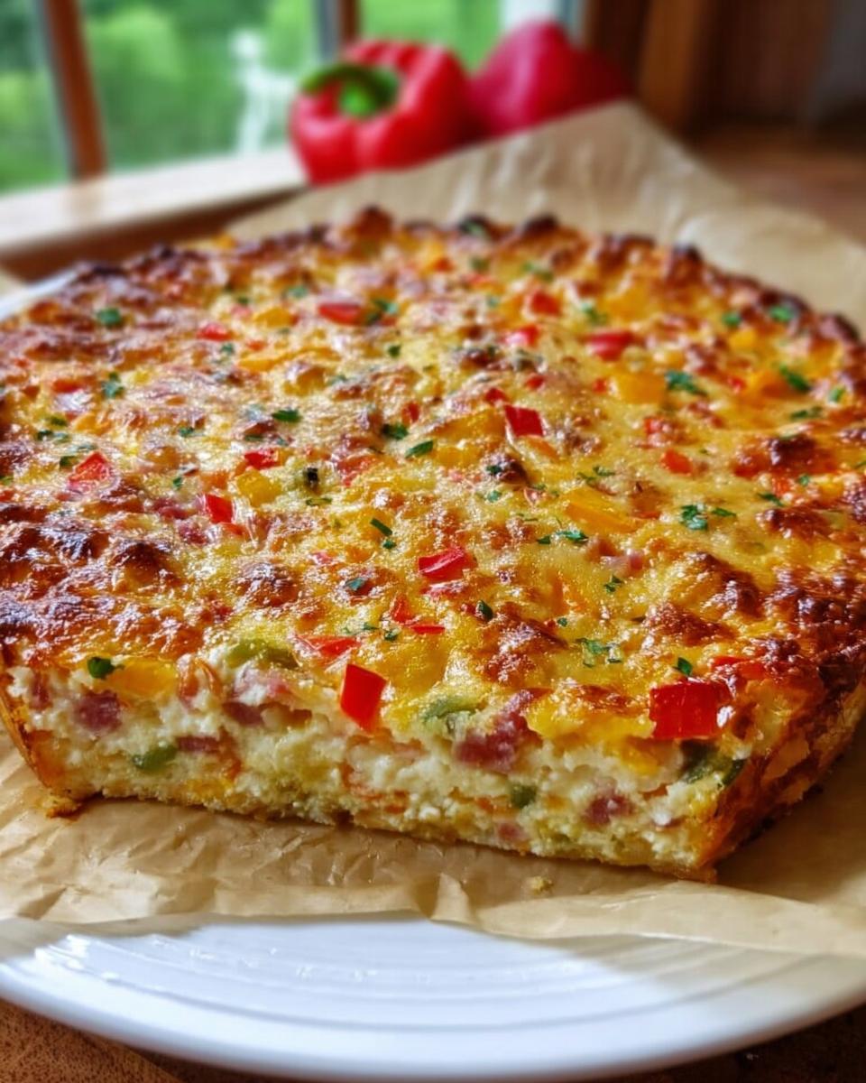 Ein Anschnitt der fertigen Low Carb Schüttelpizza ohne Kohlenhydrate mit goldbraun gebackener Käsekruste und Gemüsefüllung.