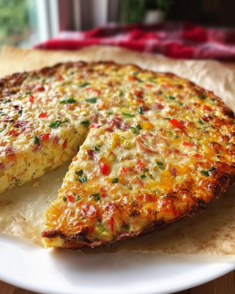 Eine runde, gebackene Low Carb Schüttelpizza ohne Kohlenhydrate mit geschmolzenem Käse und bunten Gemüsestücken.