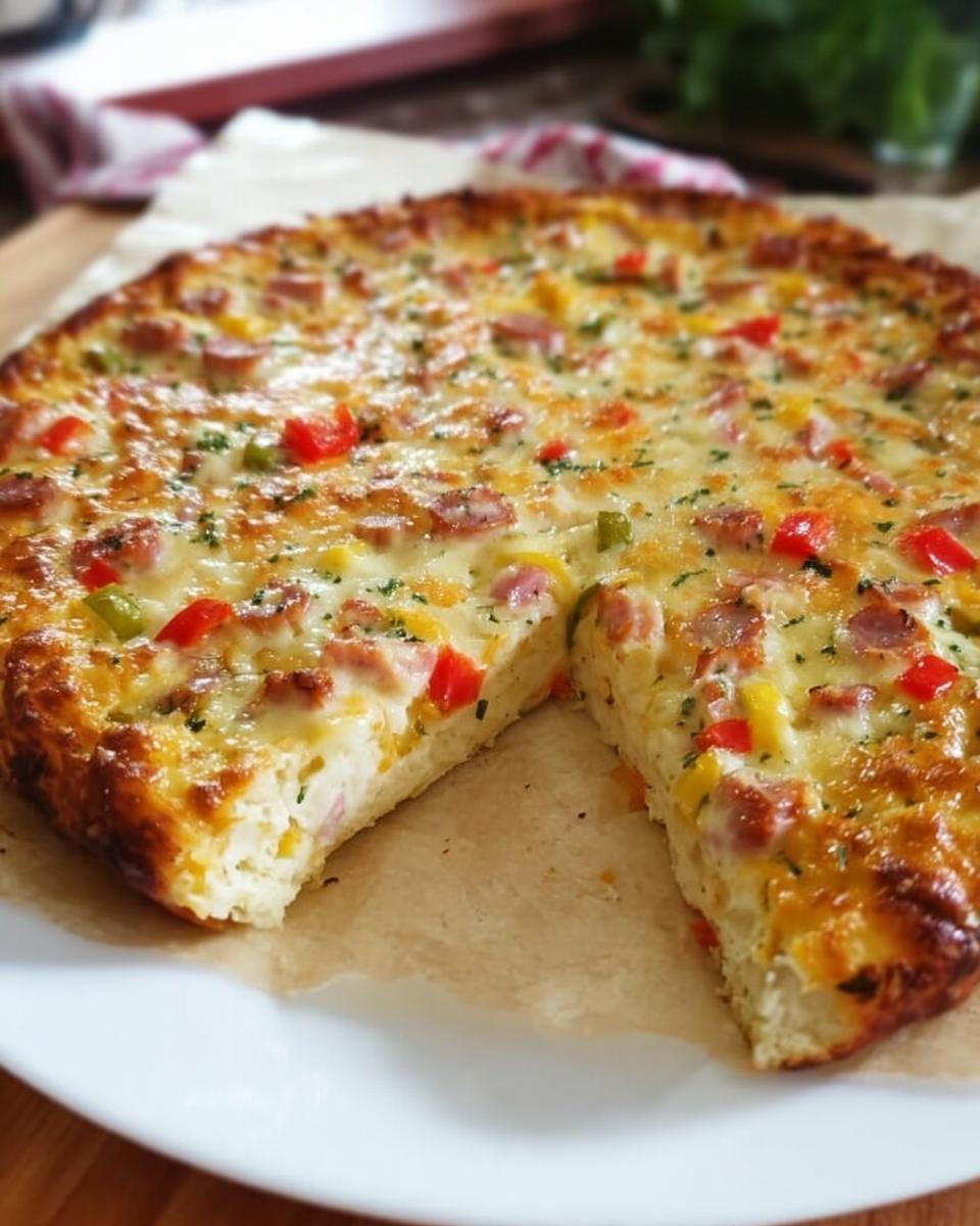 Eine runde, gebackene Low Carb Schüttelpizza ohne Kohlenhydrate mit geschmolzenem Käse, Wurststücken und Paprika.