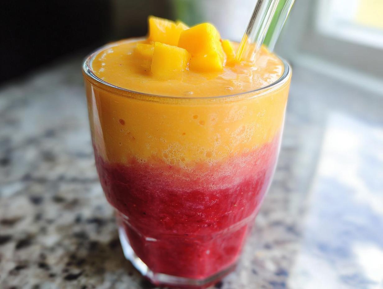 Ein geschichteter Mango-Erdbeer Sunrise Smoothie mit Mango-Stücken als Garnitur.